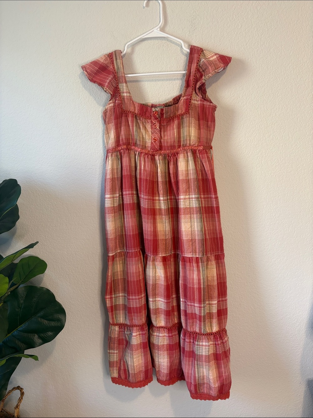 Vintage Jane Ashley Red Plaid Tiered midi dress with tie waist on back small